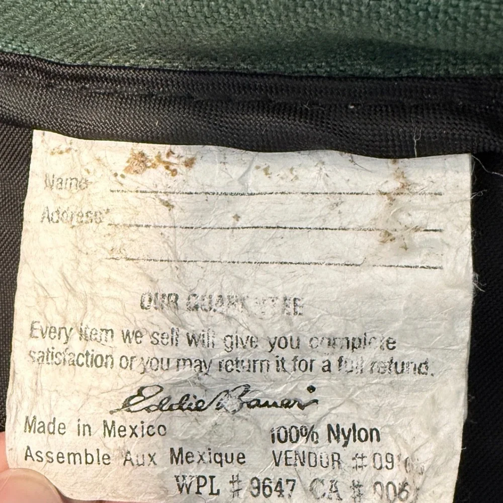 Vintage Eddie Bauer Green Nylon‎ Canvas Backpack Leather Bottom Daypack Bag